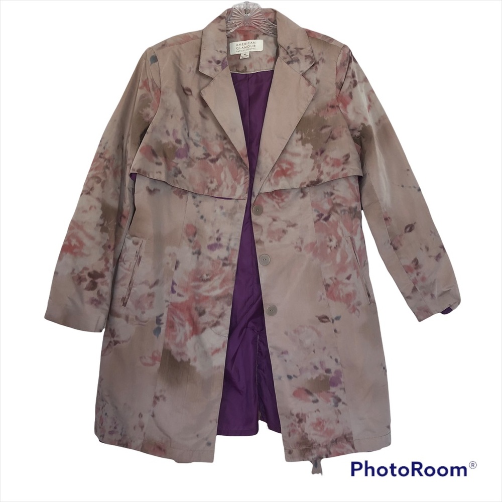 AMERICAN GLAMOUR BADGLEY MISCHKA Floral Tan Purple Pink Belted Trench Coat